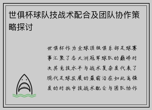 世俱杯球队技战术配合及团队协作策略探讨