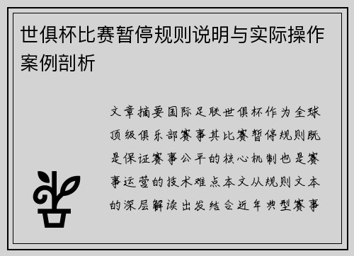世俱杯比赛暂停规则说明与实际操作案例剖析