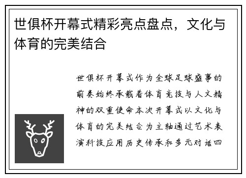 世俱杯开幕式精彩亮点盘点,文化与体育的完美结合